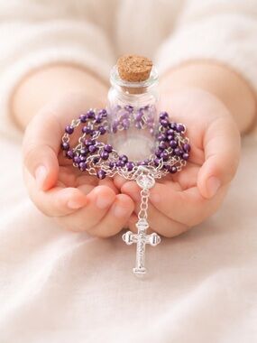 Children’s Purple Rosary 4mm Beads Silver Tone Crucifix Catholic Baptism